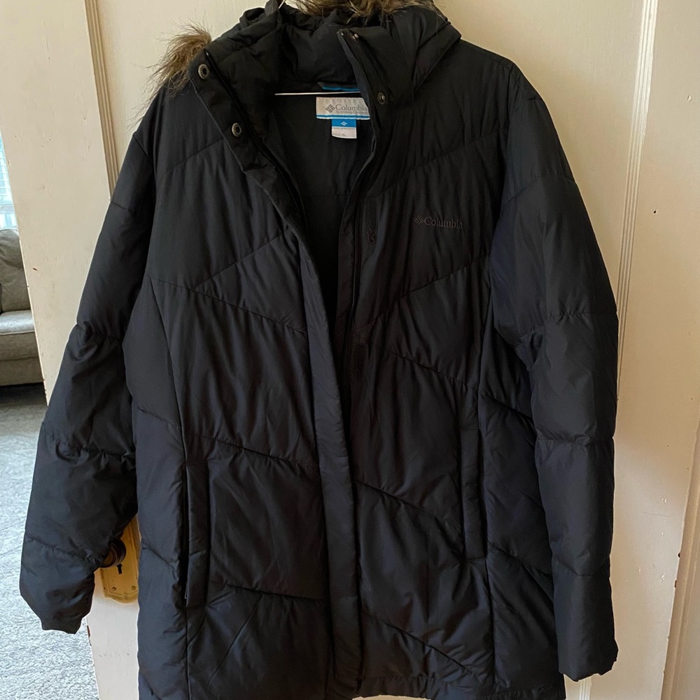 Women’s Columbia Black Faux Fur Lined Hood Long Puffer Coat Size Extra Large